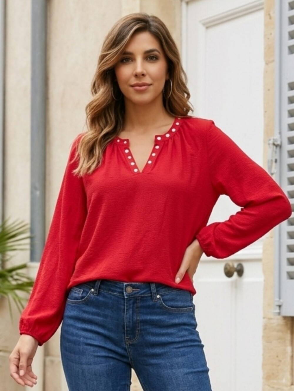 Michael Kors Red Long-Sleeve V-Neck Studded Blouse
